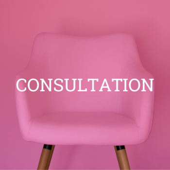 "Consultation" text with pink chair and background